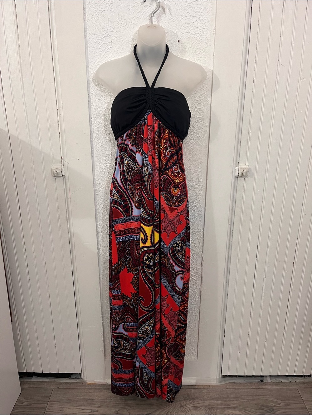 Black & Coral Paisley Halter Maxi Dress